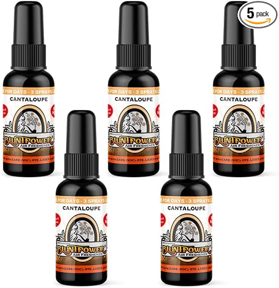 BluntPower (Cantaloupe, 5 Pack) Concentrated Air Freshener - Premium Oil Based Air Freshener Spray For Home and Car - Long-Lasting Bathroom Spray, Car Freshener, & Odor Eliminator Spray
