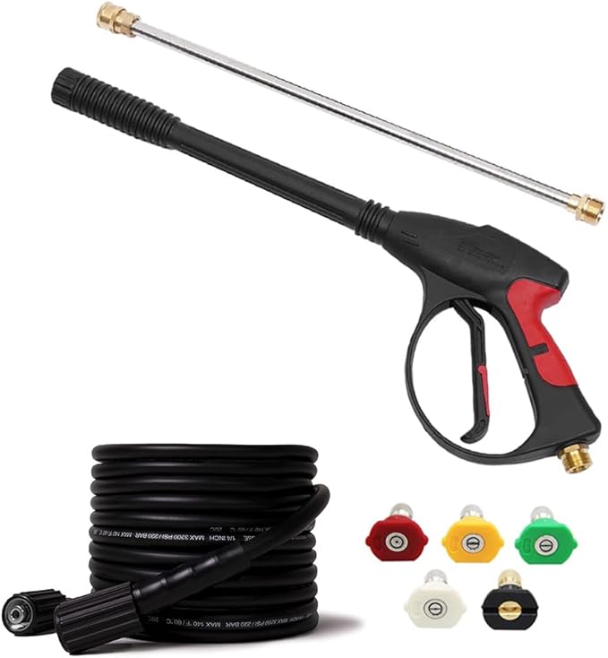 Pressure Washer Gun and Hose Kit, 3000PSI High Power Pressure Washer Gun Replacement Kit with 26 Ft Hose and 21 Inch Extension Wand and 5 Nozzles