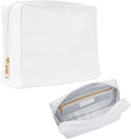 Stay Golden Insulated Waterproof Makeup Bag for Women Heat-Resistant Travel Cosmetic & Toiletry Bag | Luxurious Vegan Leather Portable Makeup Organizer (White with Gold Zipper, Medium)