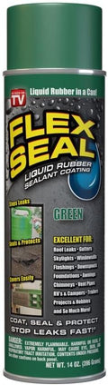 Flex Seal, 14 oz, Green, Stop Leaks Instantly, Waterproof Rubber Spray On Sealant Coating, Perfect for Gutters, Wood, RV, Campers, Roof Repair, Skylights, Windows, and More