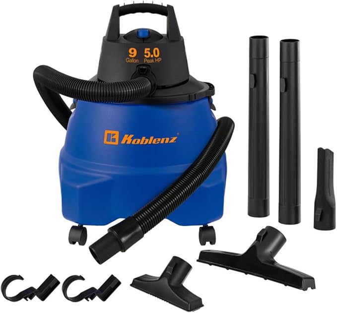 Koblenz Wet Dry Vacuum Cleaner, 9.0 Gallon Tank, 5.0 HP Powerful Vacuum for Dry and Wet Messes, Vacuum Cleaner and Blower, Accessories Included, Black+Blue (WD-9 L212)