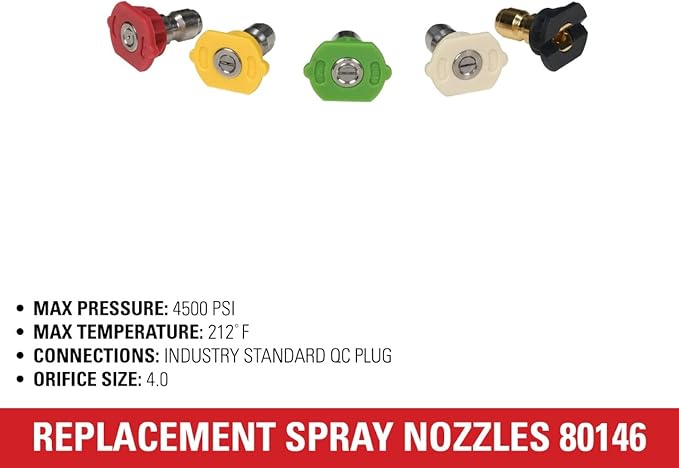 Simpson Cleaning 80146 4500 PSI Universal Pressure Washer Nozzles, 1/4-Inch Quick Connect, Hot- and Cold-Water Compatible, Set of 5