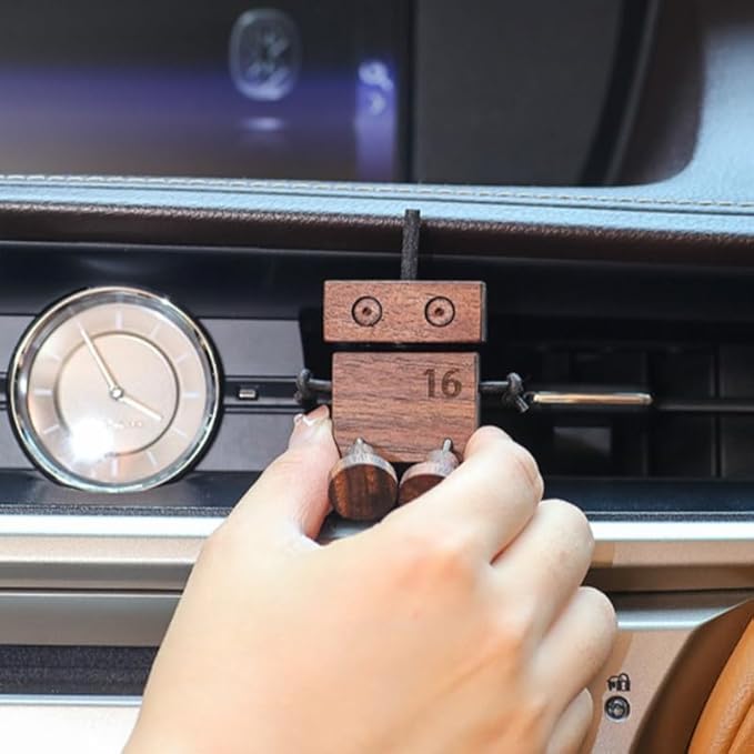 Car Air Diffuser - 2-in-1 Shaking Wooden Man Figurine & Refillable Aroma Vent Clip with 5ml Capacity, Natural Walnut Wood Essential Oil Air Freshener, Car Dashboard Decor Ornament for Driver