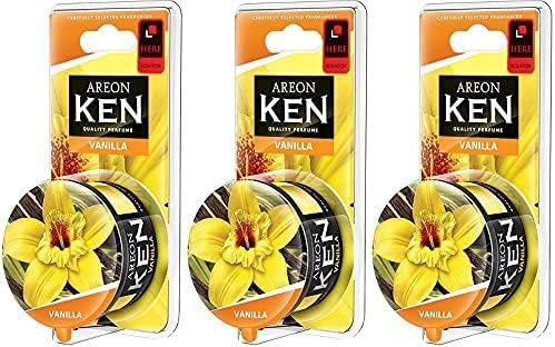 AREON Ken Car Air Freshener - Vanilla Scent, Long-Lasting Fragrance - Portable Fragrant Deodorizer with Adjustable Odor Output - Automobile Accessories & Essentials - 1.23 Oz. Cans, Pack of 3