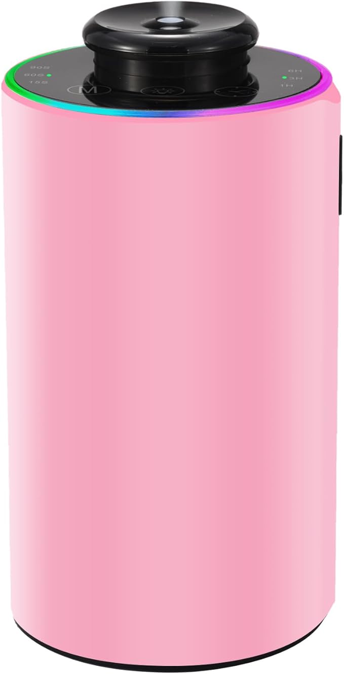 Waterless Essential Oil Diffuser with 8 Color LED Night Light, 3 Mist Levels & Timers, Portable Rechargeable Aromatherapy Diffuser for Home Car Room Studio Office, Black Metal (Pink)