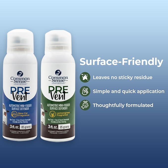 PreVent Car Fogger Deodorizing Air Refresher by Smart Common Sense, Long-Lasting Odor Control Spray for Vehicles, Lemongrass Fragrance, 3 fl. Oz 3-Pack