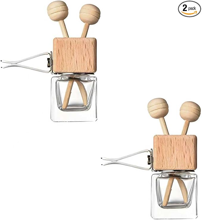 2PCS Car Diffuser Air Freshener Bottle, Empty Essential Oil Perfume Glass Bottle with Vent Clip, Wooden Clear Aromatherapy Fragrance Ornament Auto Decor, Interior Car Accessories