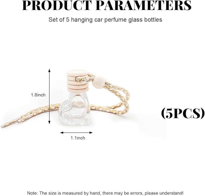 5 PCS Hanging Car Air Freshener, 8ml Empty Clear Glass Perfume Bottle Freshener Diffuser, Essential Oil Fragrance Aromatherapy Bottle Ornament for Car, Interior Car Accessories (Heart)