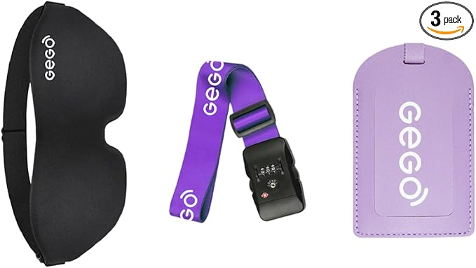 GEGO Premium Travel Kit, Sleep Mask 3D Contoured Eye with Soft Memory Foam, Luggage Tag Waterproof Resistant and Strap with Lock for Luggage TSA Approved (Sleep Mask Black/Luggage Tag Purple)
