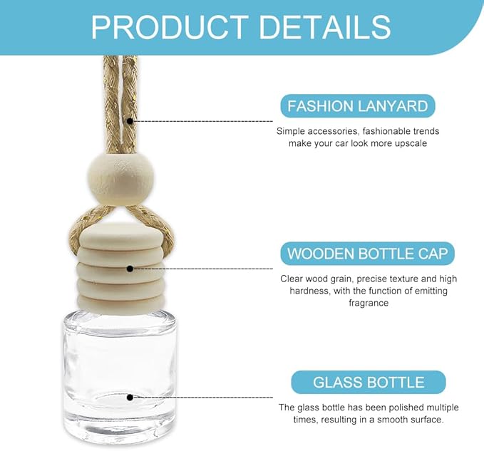 5PCS Hanging Car Air Freshener, Car Air Freshener Diffuser, 8ml Empty Glass Auto Oil Perfume Aromatherapy Diffuser Charms, Refillable Perfume Bottles for Most Vehicles (Cylindrical, Style 1)