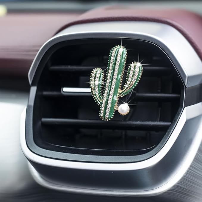 3 Pcs Bling Cactus Air Vent Perfume Clips, Rhinestone Artificial Plant Succulents Car Air Fresheners Aromatherapy Clips, Car Interior Decoration Accessories, Gift for Men Women