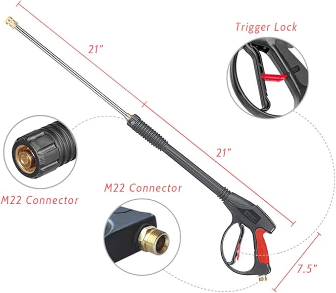 Pressure Washer Gun and Hose Kit, 3000PSI High Power Pressure Washer Gun Replacement Kit with 26 Ft Hose and 21 Inch Extension Wand and 5 Nozzles