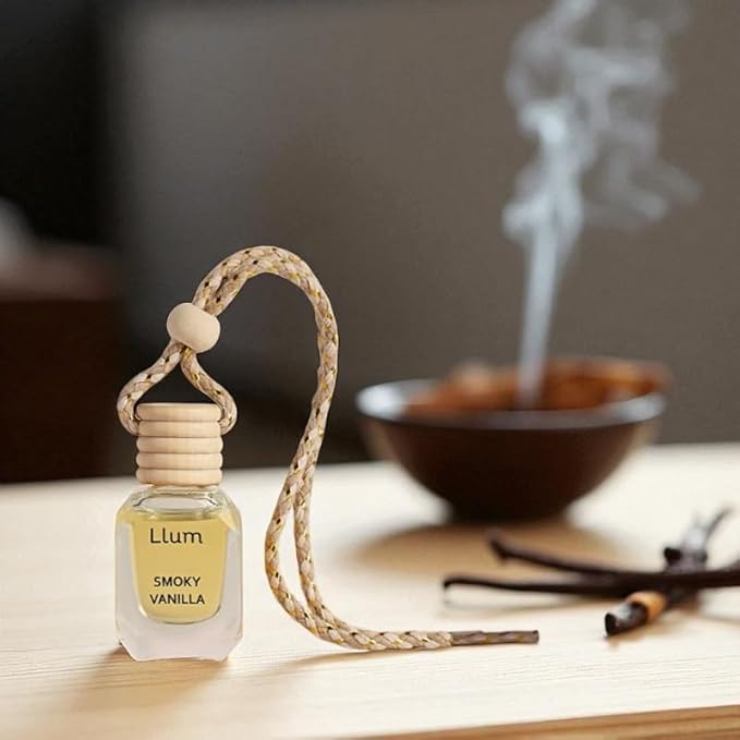 Llum Smoky Vanilla Hanging Car Air Freshener – Luxury Automotive Perfume Diffuser 10ml (0.34 fl oz), Long-Lasting Fragrance, Alcohol-Free Non-Toxic Car Scent, Glass Bottle With Wood Cap