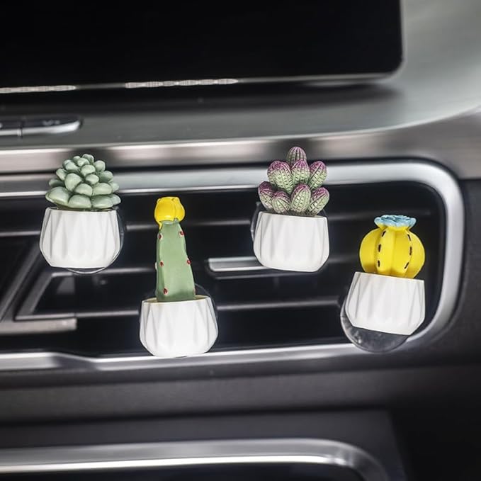 4 Pcs Cute Cactus Air Vent Perfume Clips, Resin Artificial Plant Succulents Car Air Fresheners Aromatherapy Clips, Car Interior Decoration Accessories, Gift for Men Women