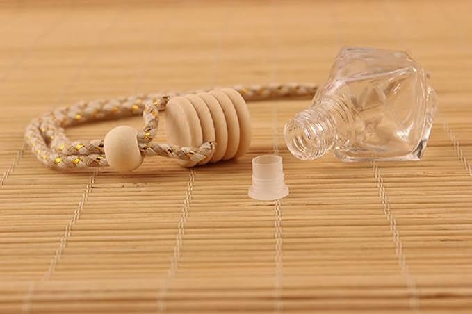 7Pcs 8ml Hanging Car Air Freshener Perfume Bottle, Refillable Aromatherapy Fragrance Clear Empty Essential Oil Diffuser Perfume Pendant Auto Ornaments Decor Accessories with Wooden Caps