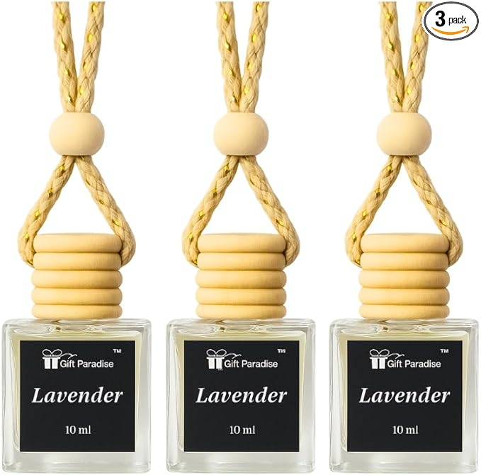 Lavender Car Air Freshener Set of 3 (10 ml) – Hanging Diffusers with Wooden Cap – Aromatherapy Scent for Car, Home & Office – Velvet Gift Bag – Long Lasting