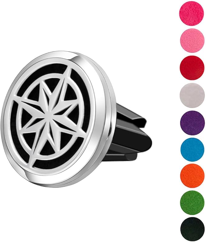 Wild Essentials Nautical Star Essential Oil Car Vent Diffuser Kit with Lavender, Lemongrass, Peppermint, Orange Oils, Stainless Steel Locket Pendant, 8 Refill Pads, Customizable Color Changing Air