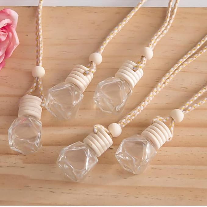 4Packs 8ml Hanging Car Air Freshener Perfume Bottle, Refillable Aromatherapy Fragrance Clear Empty Essential Oil Diffuser Pendant Auto Ornaments Decor Accessories with Wooden Caps (4Packs)