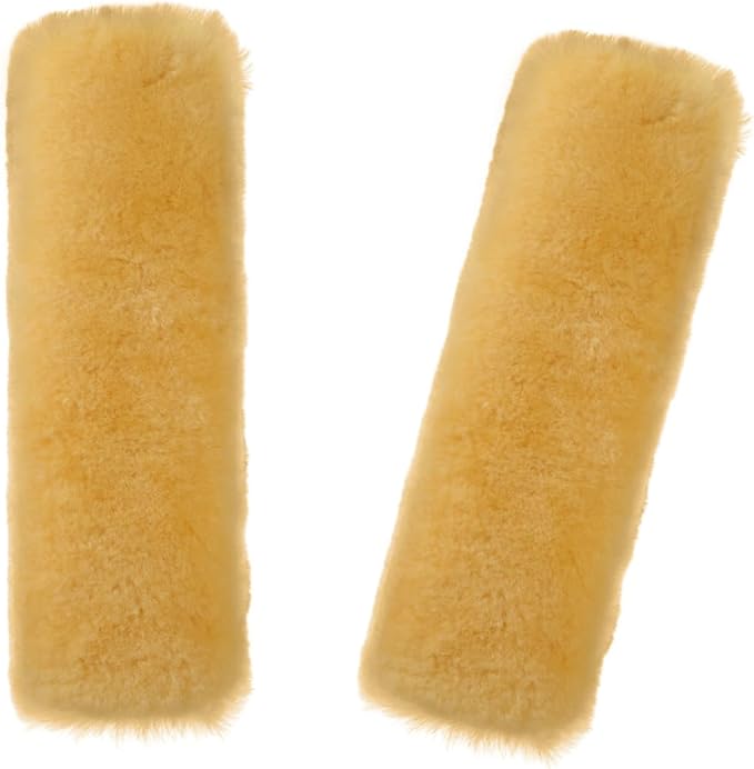 Soft & Cozy Australian Sheepskin Car Seat Belt Covers,2 Pack Fluffy Seatbelt Pads, Genunie Sheepskin Fur Shoulder Straps Cushions for Adults Kids Women and Men (Beige Yellow)