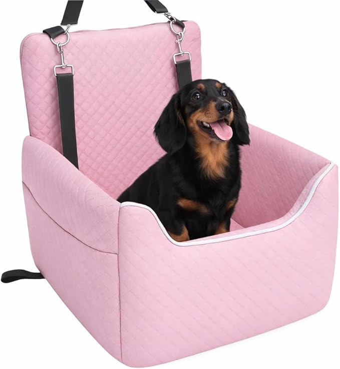 Dog Car Seat for Small/Medium Dogs Under 35lbs, Soft Booster Car Seat with Detachable Washable Cover and Cushion, Memory Foam Pet Car Seat with Safety Belt and Storage Pockets, Puppy Dog Car Bed