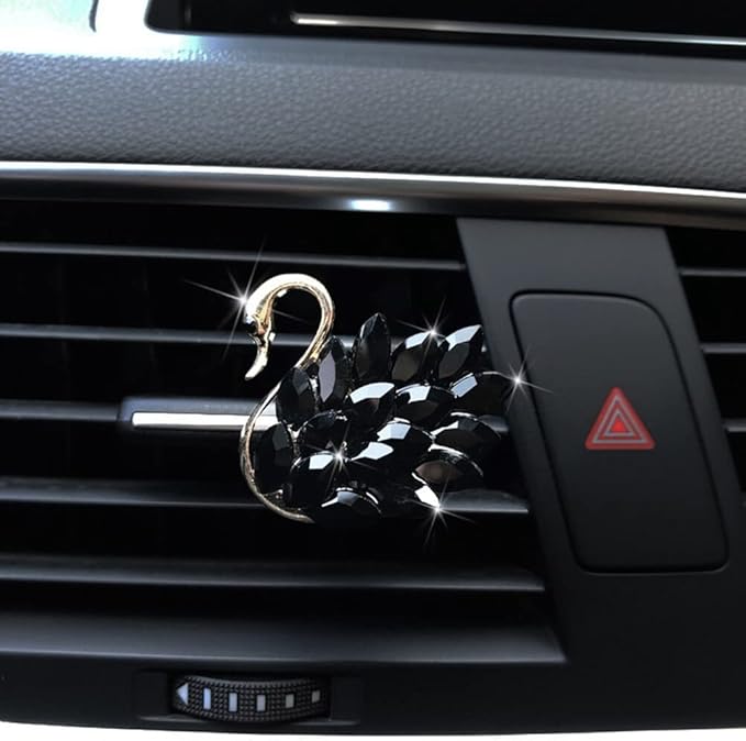 Katutude 2 Pcs Crystal Swan Car Air Vent Clips with Fragrance Tablets, Car Diffuser Air Freshener Vent Clips Air Conditioner Outlet Clip Charm Bling Car Interior Decoration, Black