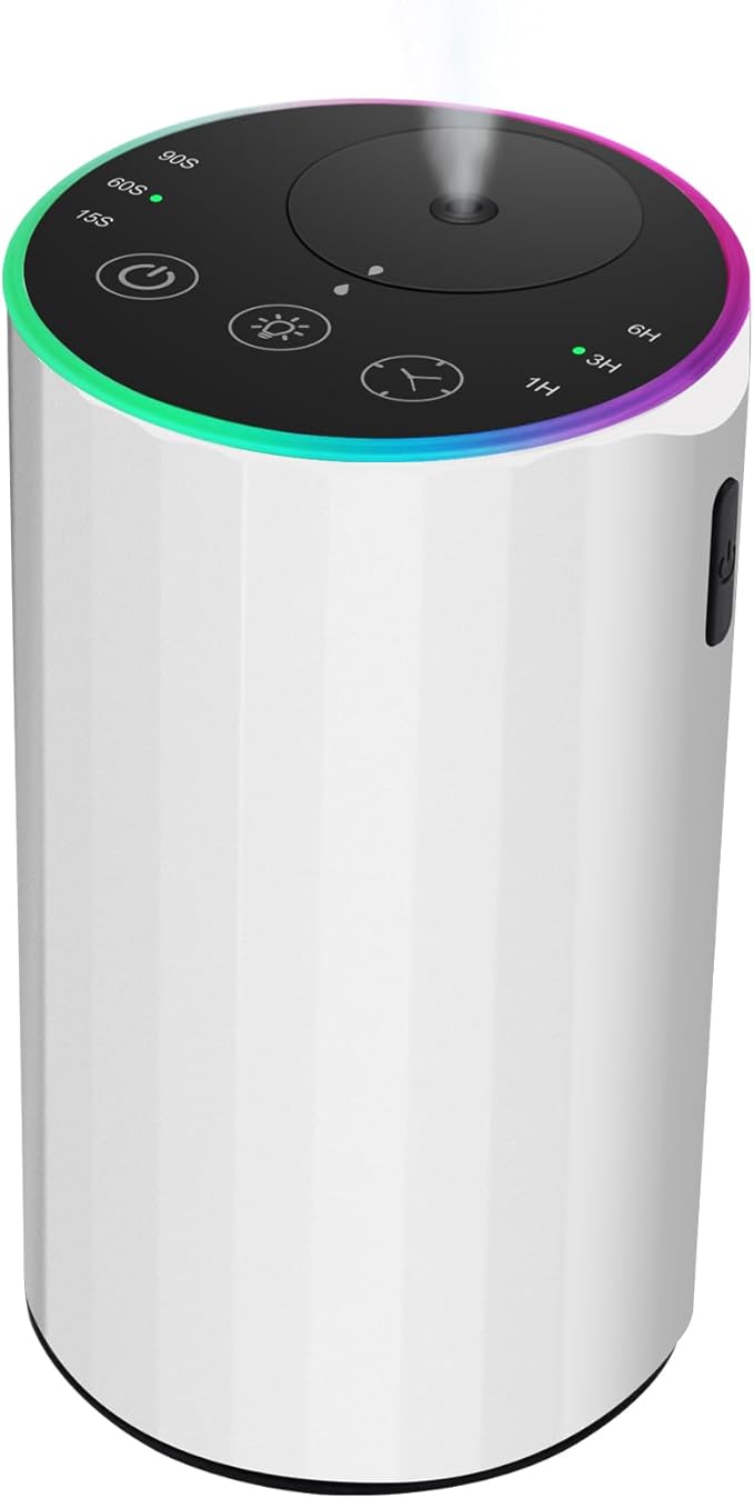 Waterless Essential Oil Diffuser, 7 Colors LED Light, Battery Powered Mini Scent Air Machine, Aromatherapy Mist Diffuser for Home Room Car Office (2452white)