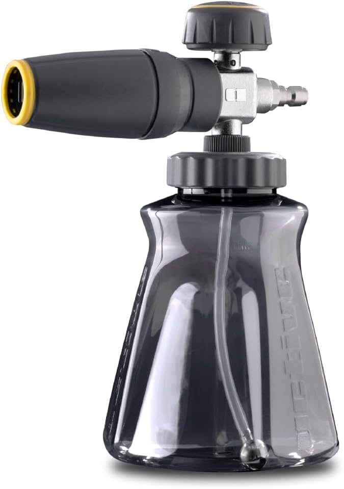 Active Foam Cannon with ¼ inch quick connector for Electric and Gas Pressure Washers. Wide-mouth bottle and variable spray to generate thick snow foam spraying for home DIY car wash & detailing.