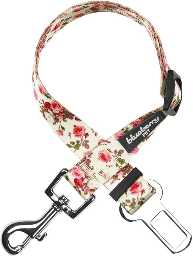 Blueberry Pet 8 Patterns Spring Scent Inspired Pink Rose Print Ivory Adjustable Dog Seat Belt Tether for Dogs Cats, Durable Safety Car Vehicle Seatbelts Leads Use with Harness
