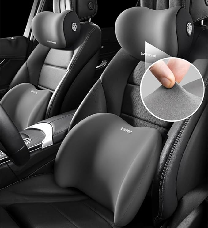 Car Lumbar Support Pillow and Car Neck Pillow Kit, Ergonomic Car Seat Headrest & Lumbar Cushion with Adjustable Strap for Neck Back Pain Relief, For Office Chair/Truck/Wheelchair (Light green)