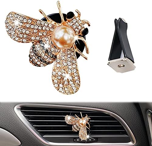 Shiny Bee Car Air Freshener Dashboard Outlet Vent Clips，Pearl Diamond Bee Car Perfume Car Air Conditioner Air Outlet Decoration Aromatherapy Clip，cute Bling Bee Charms Rhinestone Auto Interior Decorations Accessory (Gold)
