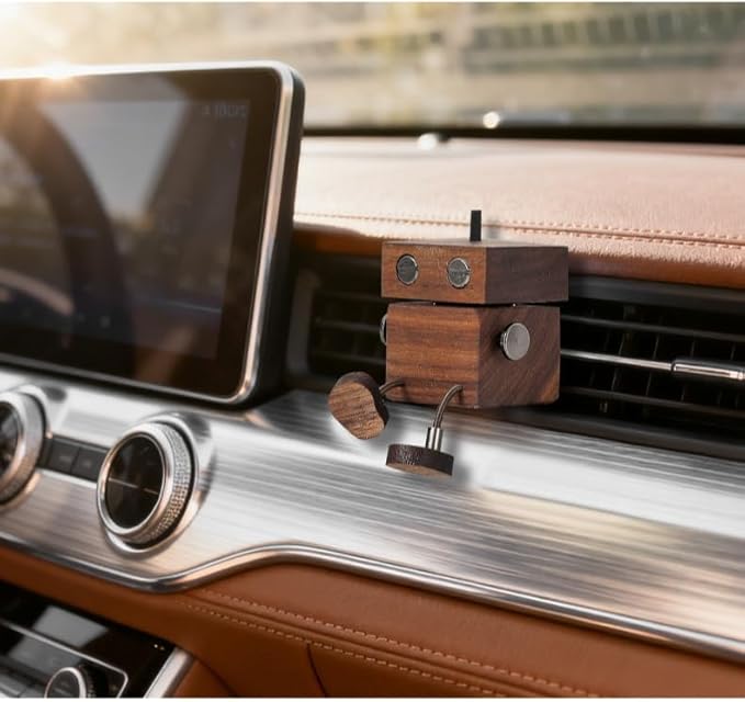 Car Air Diffuser - 2-in-1 Shaking Wooden Man Figurine & Refillable Aroma Vent Clip with 5ml Capacity, Natural Walnut Wood Essential Oil Air Freshener, Car Dashboard Decor Ornament for Driver