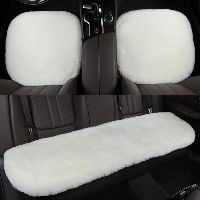 OGLAND Fluffy Genuine Australia Sheepskin Car Seat Cover for Auto Interior Accessories with Soft Fuzzy Wool Eco-Friendly Natural Fur Non-Slip (White, Back)