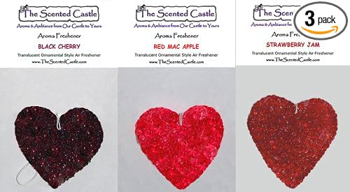 3 Pack Heart Car Air Fresheners - Black Cherry, Red Mac Apple, Strawberry Jam by The Scented Castle