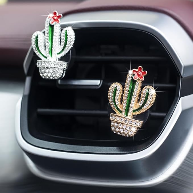 3 Pcs Bling Cactus Air Vent Perfume Clips, Rhinestone Artificial Plant Succulents Car Air Fresheners Aromatherapy Clips, Car Interior Decoration Accessories, Gift for Men Women