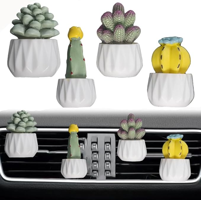 4 Pcs Cute Cactus Air Vent Perfume Clips, Resin Artificial Plant Succulents Car Air Fresheners Aromatherapy Clips, Car Interior Decoration Accessories, Gift for Men Women