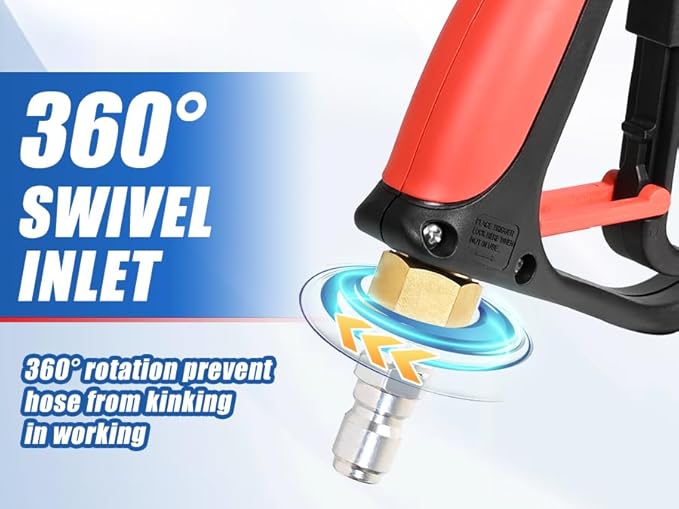 TOOLCY Short Pressure Washer Gun with Swivel, 4000 PSI Power Washer Gun, Car Wash Power Washing Gun with 3/8" Male Plug, 1/4” Quick Connector Coupler and 5 Nozzle Tips
