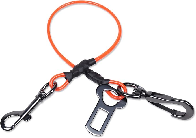 VIVAGLORY Dog Seat Belt Tuffbelt Dog Car Harness, Seatbelt with Clip & Hook for Car Travel, Chew Proof Anti Chew Unchewable Metal Safety Tether Restraint, S, Orange