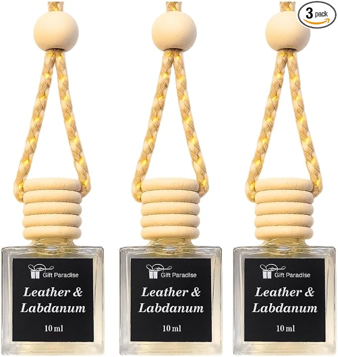 Luxury Leather Car Air Fresheners – Set of 3 | Labdanum & New Car Scent | Non-Toxic Essential Oils | Long-Lasting 135 Days | 10ml Each | velvet gift bag included
