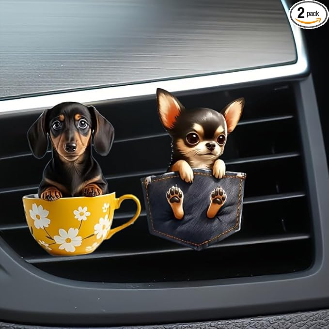 2-Piece 2D Acrylic Car Air Vent Freshener – Cute Cartoon Chihuahua & Dachshund Dog Designs, Solid Scented Decoration for Car AC Vents, Long-Lasting Fragrance, Fun Accessory