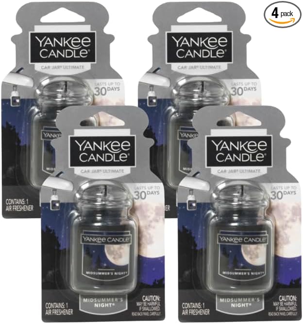 Yankee Candle Car Air Fresheners, Hanging Car Jar Ultimate, Neutralizes Odors Up To 30 Days, Midsummer's Night, 0.96 OZ (Pack of 4)