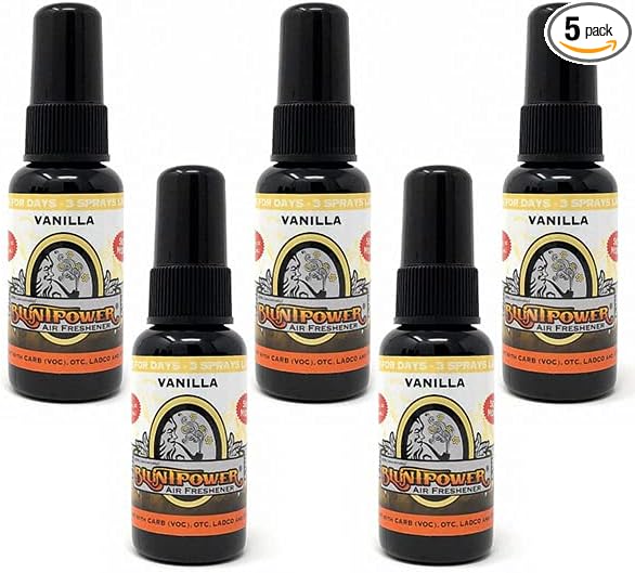 BluntPower (Vanilla, 5 Pack) Concentrated Air Freshener Spray - Oil-Based Room Diffuser Spray - Long-Lasting Bathroom Scent, Car Freshener & Odor Eliminator