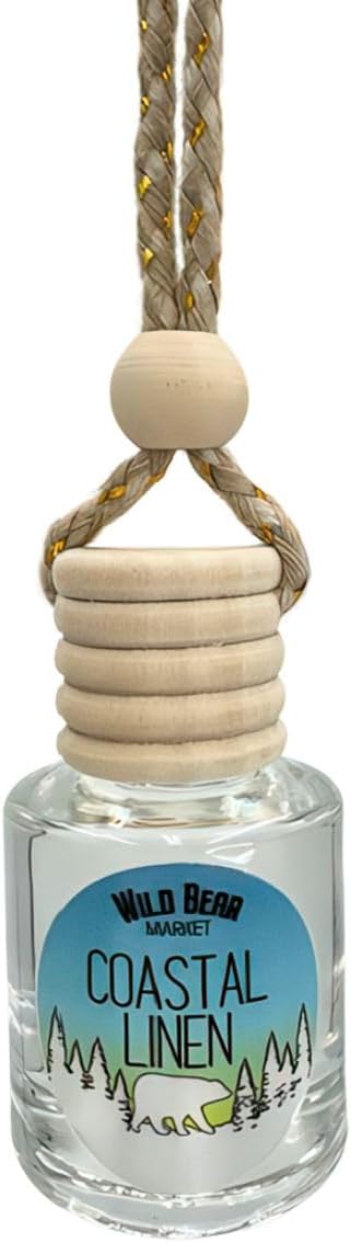 Coastal Linen Hanging Car Air Freshener Diffuser, Long Lasting Natural Fragrance Oil Car Freshener, Glass Bottle, Auto Air Deodorizer, Made in USA Toxin Free
