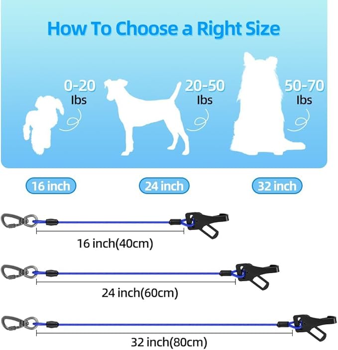 Dog Car Seat Belt - 3-in-1 Heavy Duty Safety Harness with Locking Carabiner, Universal Buckle Adapter, Chew-Proof Steel Rope (Blue, 24in/60cm)