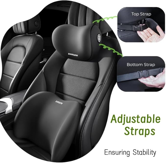 Car Headrest & Lumbar Support Cushion Kit, Ergonomic Car Seat Neck Pillow and Backseat Cushion for Driving Fatigue Relief, Driving Seat Memory Foam Neck Back Rest Pillows (Grey)