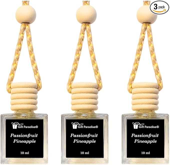 Gift Paradise® Passionfruit Pineapple Hanging Car Air Freshener Set of 3 (10 ml Each) – Long-Lasting Tropical Fragrance Oil Diffuser for Car, Home & Office | Velvet Gift Bag Included