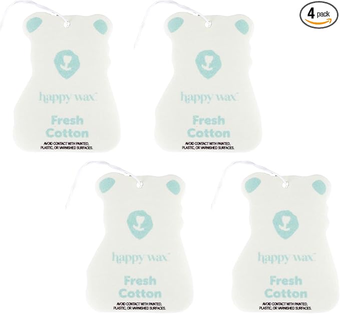 Happy Wax Fresh Cotton Hanging Car Cub Air Freshener - Scented and Infused with Natural Essential Oils - Cute 4-Pack