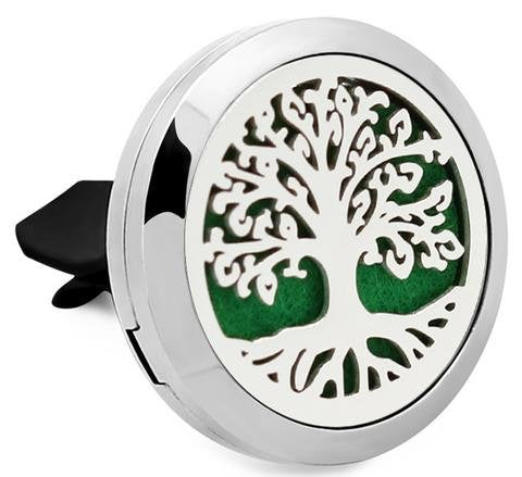 (Tree of Life) 30mm Car Aromatherapy Essential Oil Diffuse Stainless Steel Locket Air Freshener with Vent Clip 7 Pads 1 Oil Included