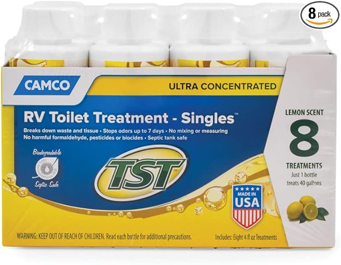 Camco TST MAX RV Toilet Treatment - Formaldehyde Free - Breaks Down Waste And Tissue - Septic Tank Safe - Treats up to 8-40 Gallon Holding Tanks -Lemon Scent, (8) 4 oz Bottles (41571)