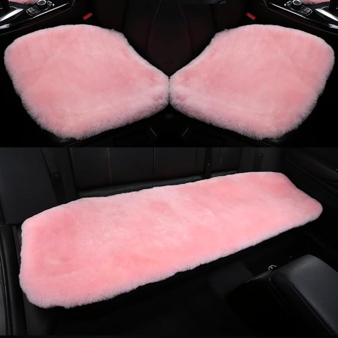 OGLAND Fluffy Genuine Australia Sheepskin Car Seat Cover for Auto Interior Accessories with Soft Fuzzy Wool Eco-Friendly Natural Fur Non-Slip (Pink, Back)