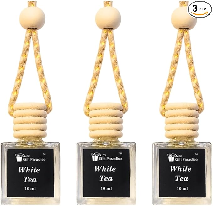 White Tea Car Air Freshener Set of 3 (10 ml Each) | Hanging Design with Velvet Gift Bag | Clean & Refreshing Aroma by Gift Paradise – Perfect for Car, Home & Office